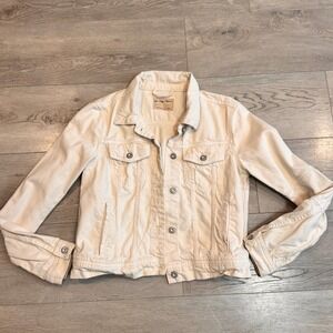 We The Free Rumors Cream Denim Jacket Button Front Pockets Size Medium M